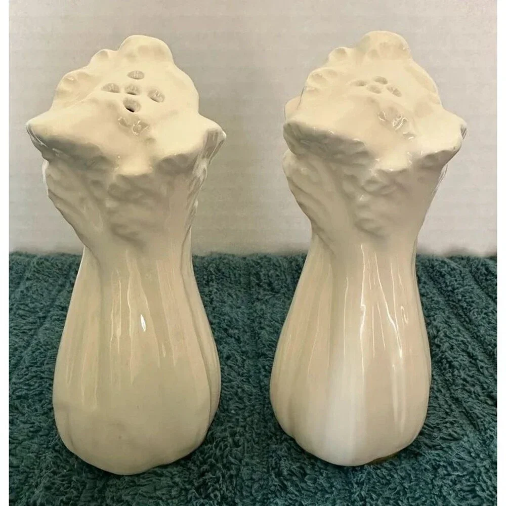 Vintage White Ceramic Celery Stalk Salt and Pepper Shakers MCM